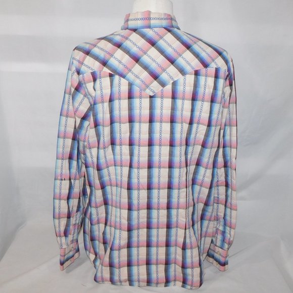WRANGLER Womens L Pink Blue White Western Pearl Snap Shirt - Picture 10 of 14